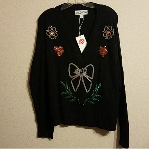 Wildfox Black Sweater with Embroidered Bow and Floral Accents - Picture 2 of 5